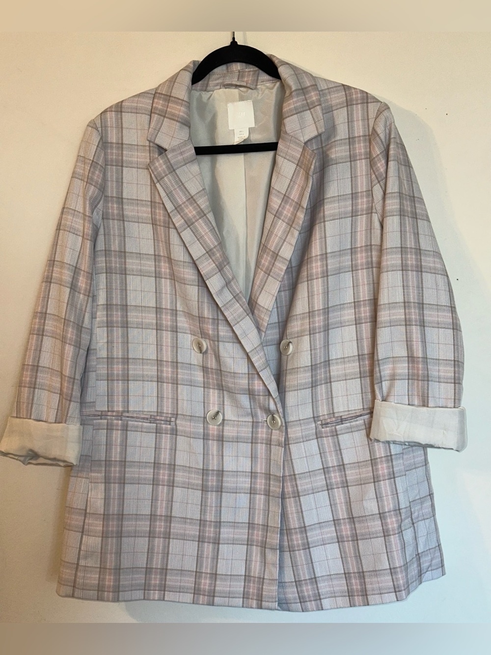 H&M Pastel Plaid Double-Breasted Blazer in Light Pink and Gray
